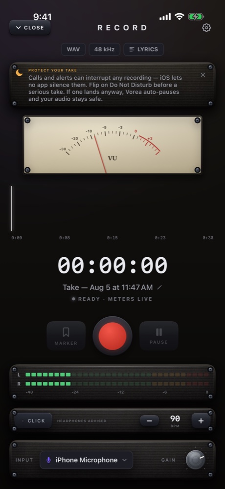 Vorea recording screen on iPhone